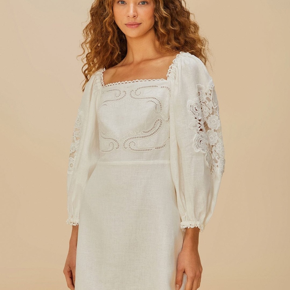 FARM Rio White Linen Long-Sleeve Embroidered Maxi Dress